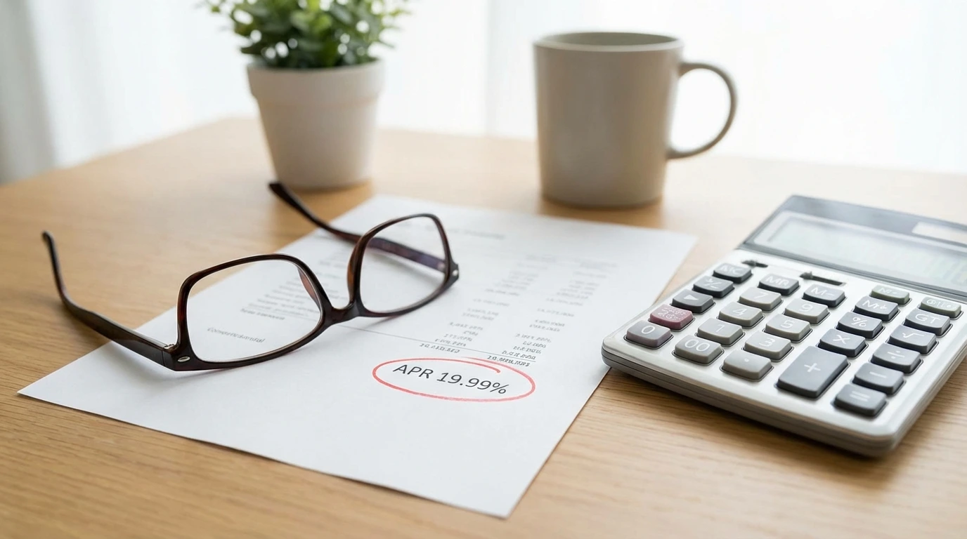 Close-up of financial document showing APR percentage circled in red pen