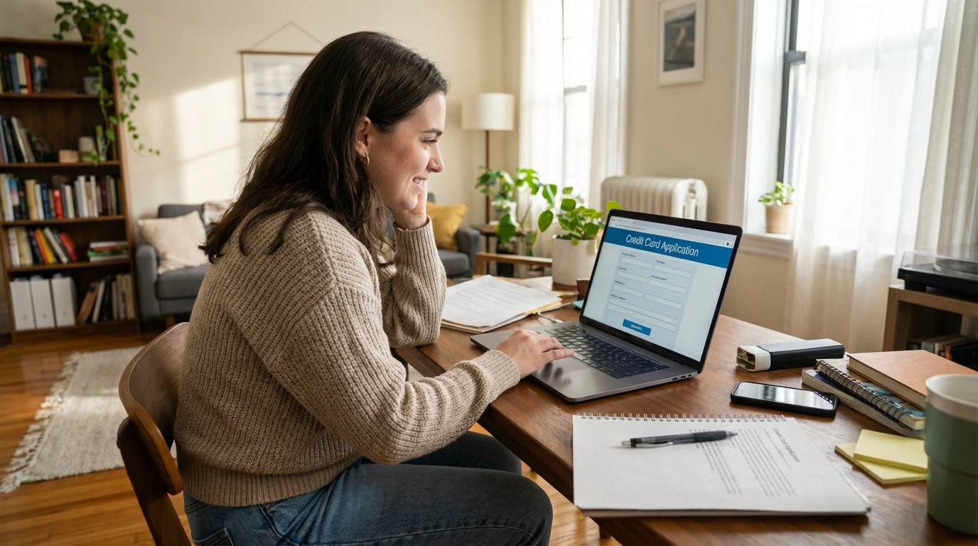 Hopeful young adult submitting a credit card application on a laptop at home