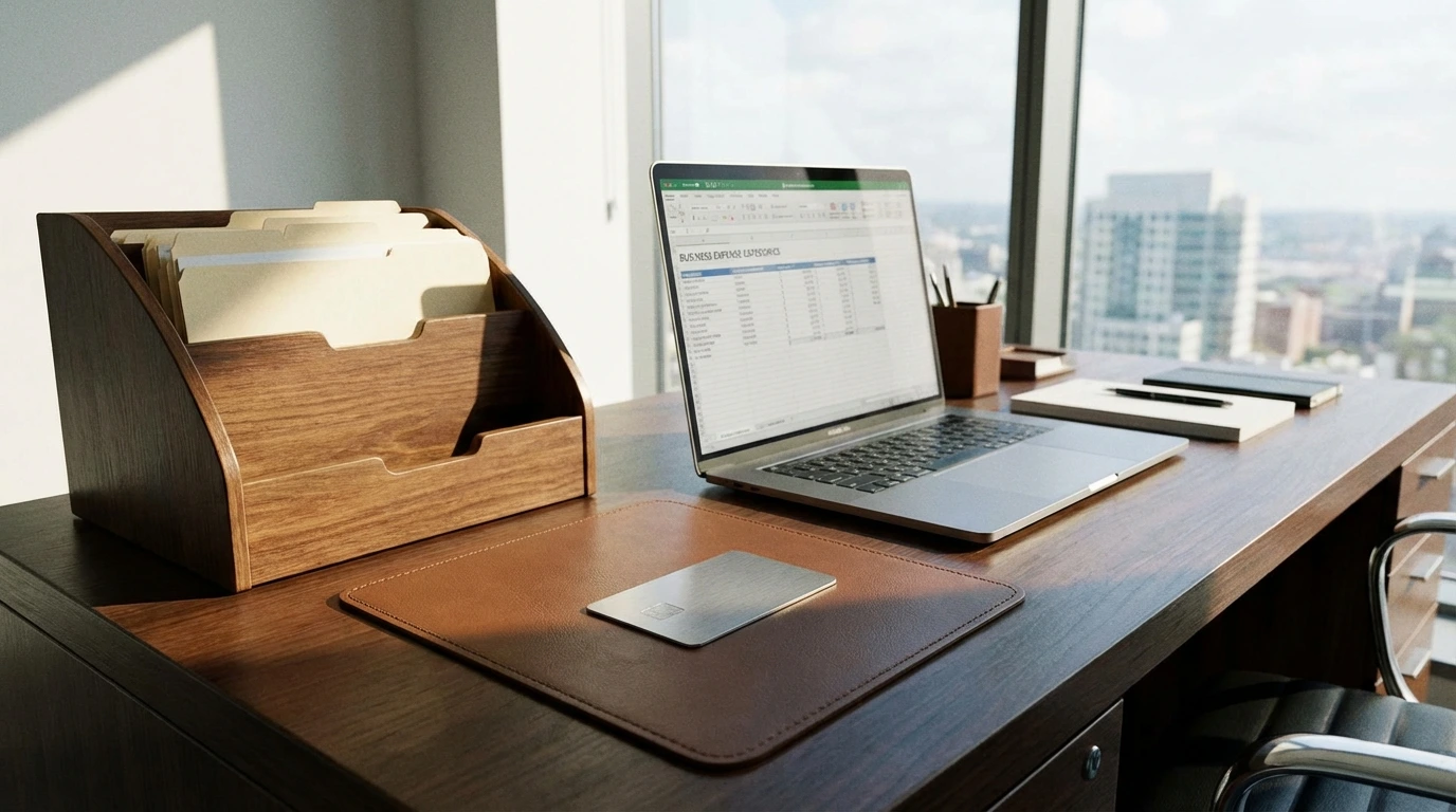 Business desk with receipt organizer and laptop showing business expense categories