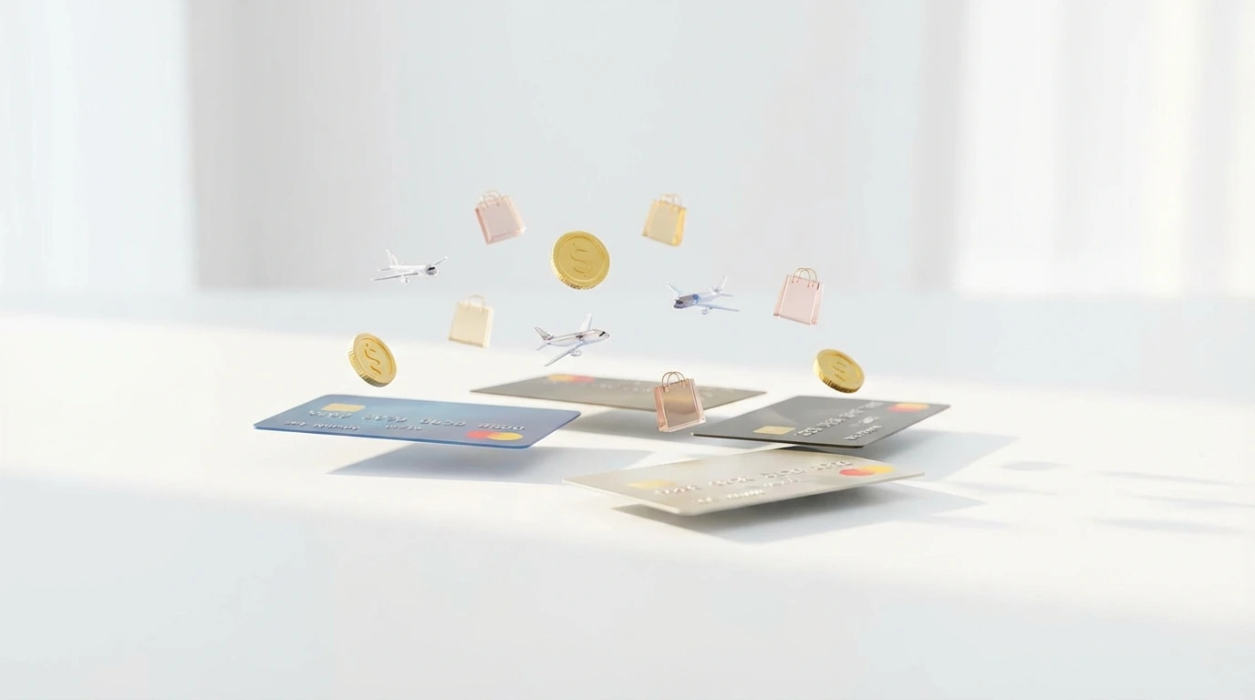 Various credit cards with reward icons