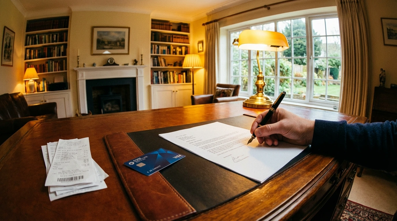Hand writing a formal credit card dispute letter at a desk