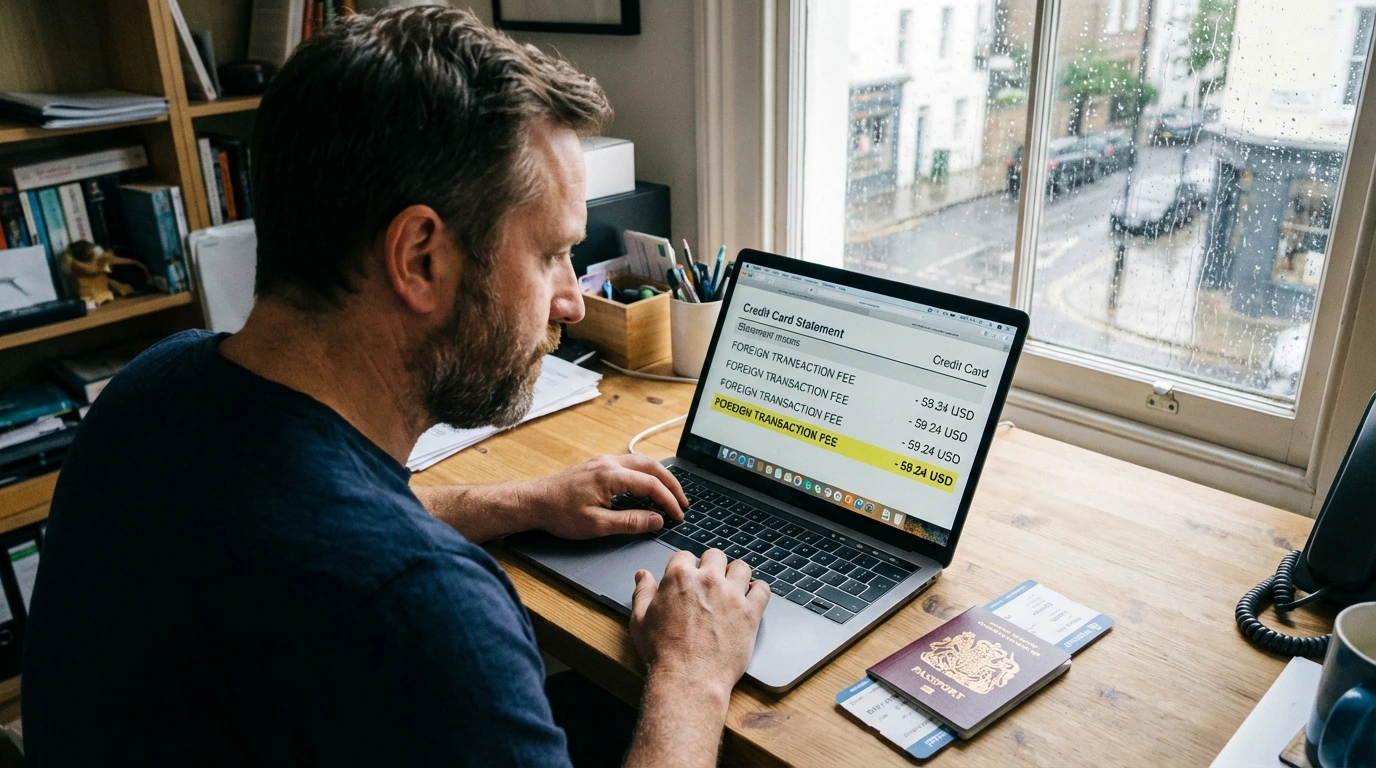 Person reviewing credit card statement showing foreign transaction fees