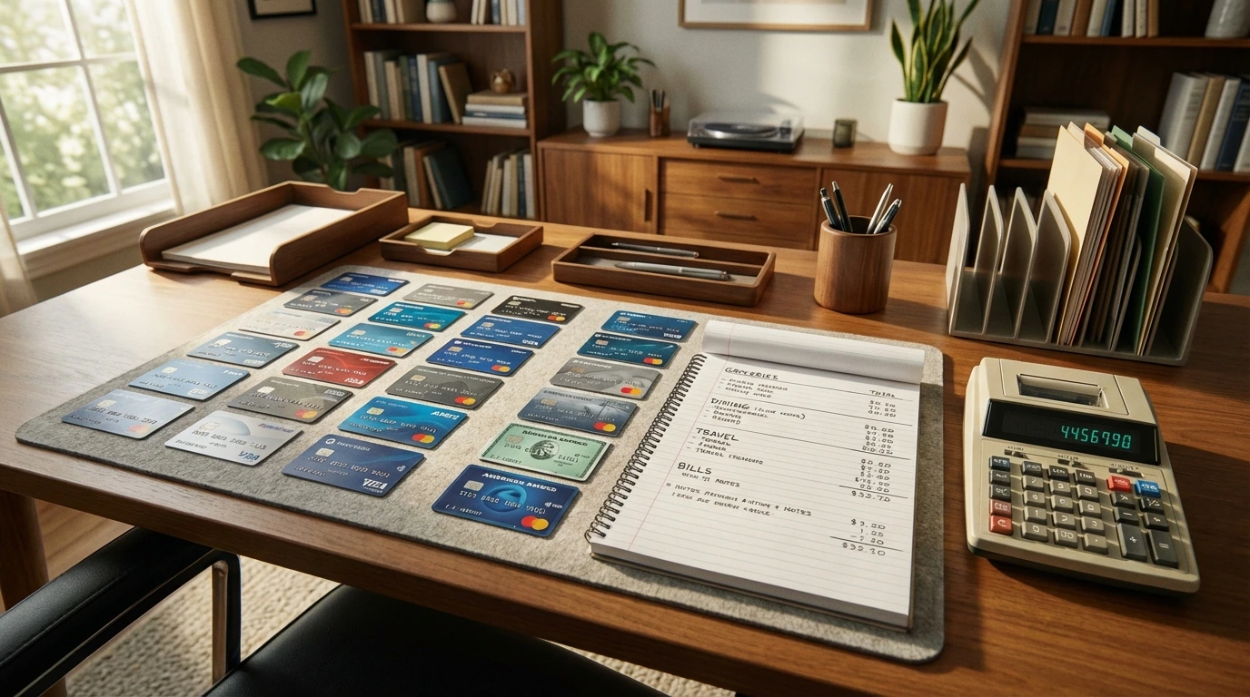 Desk with multiple credit cards arranged with notepad and calculator