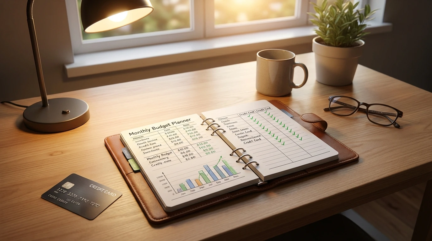 Desk with budget planner showing credit card spending tracked within limits
