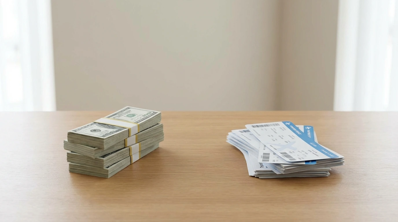 Desk with dollar bills and travel tickets representing cashback vs travel rewards