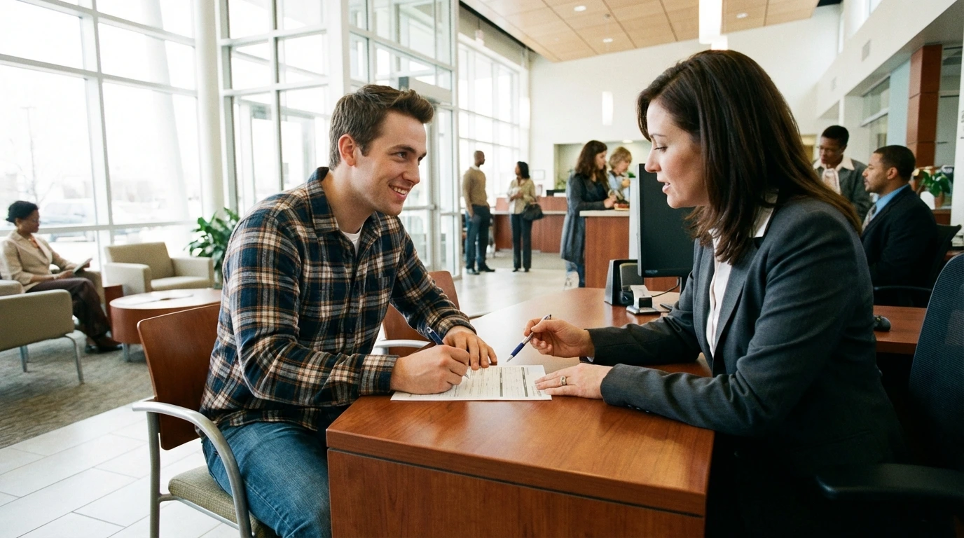 Young adult at bank desk filling out secured credit card application