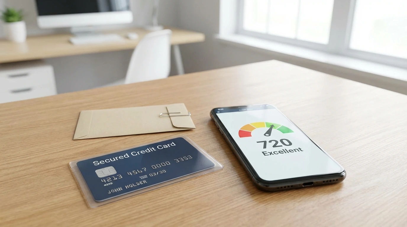Secured credit card on desk next to cash deposit envelope and credit score app