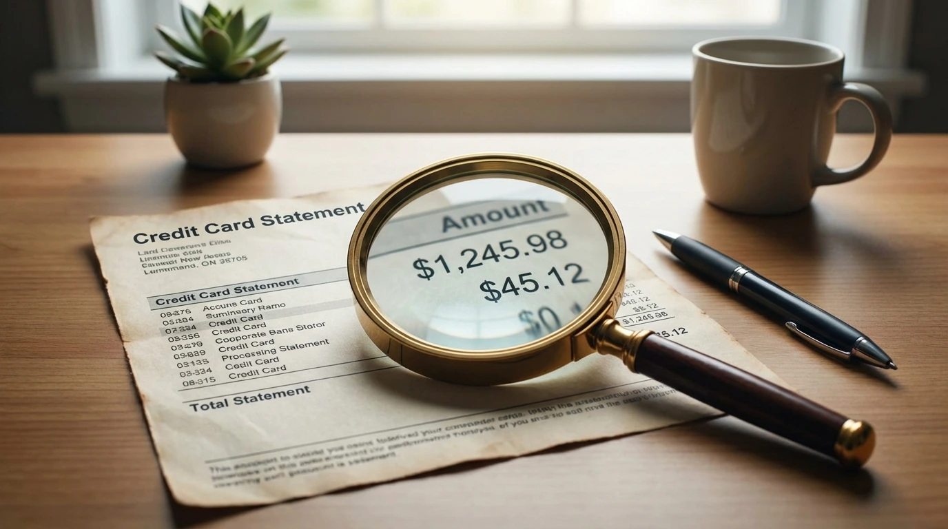 Magnifying glass over credit card statement highlighting key numbers
