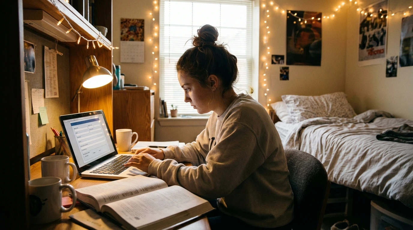 College student applying for credit card online on laptop
