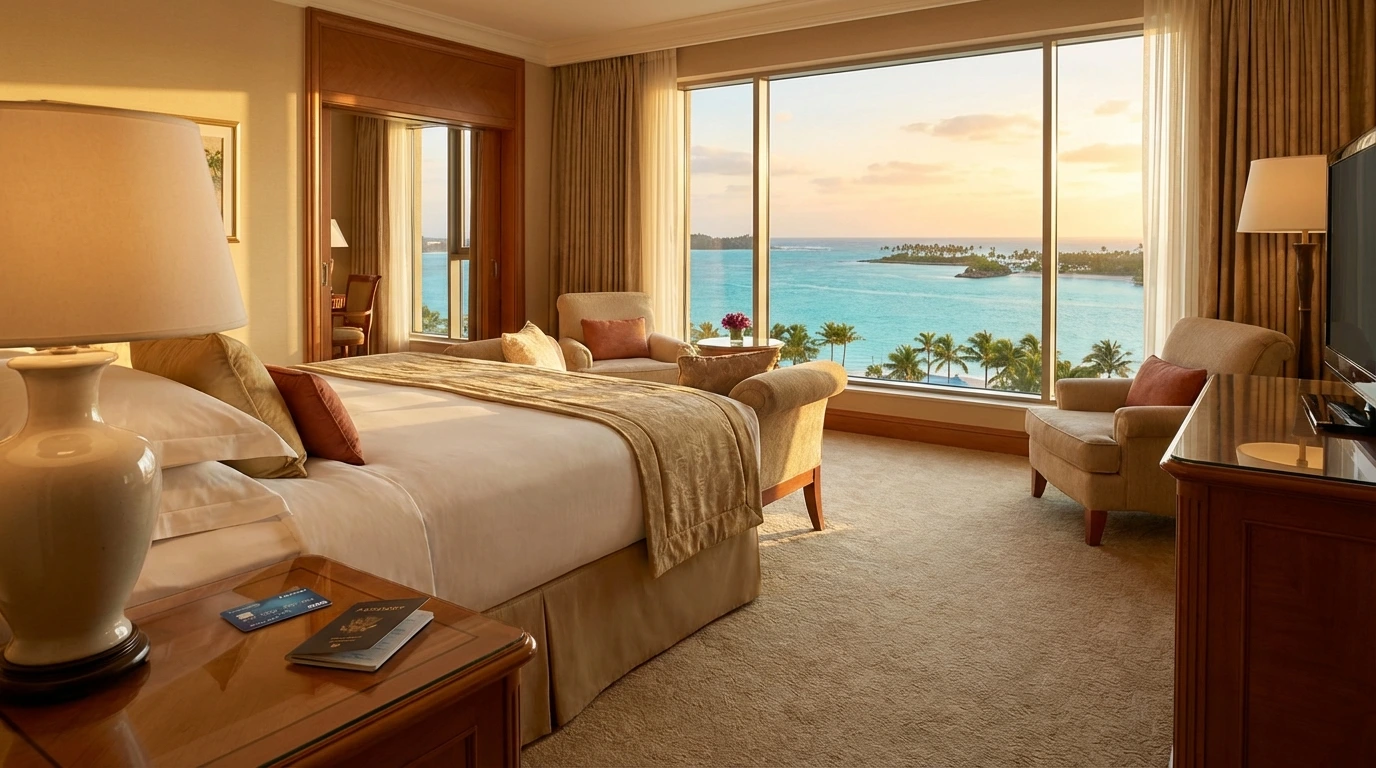 Luxury hotel room with travel credit card and passport