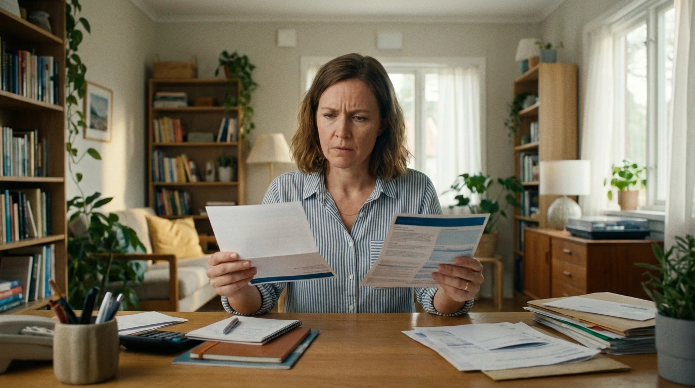 Person comparing bank account brochures showing fees and no-fee options