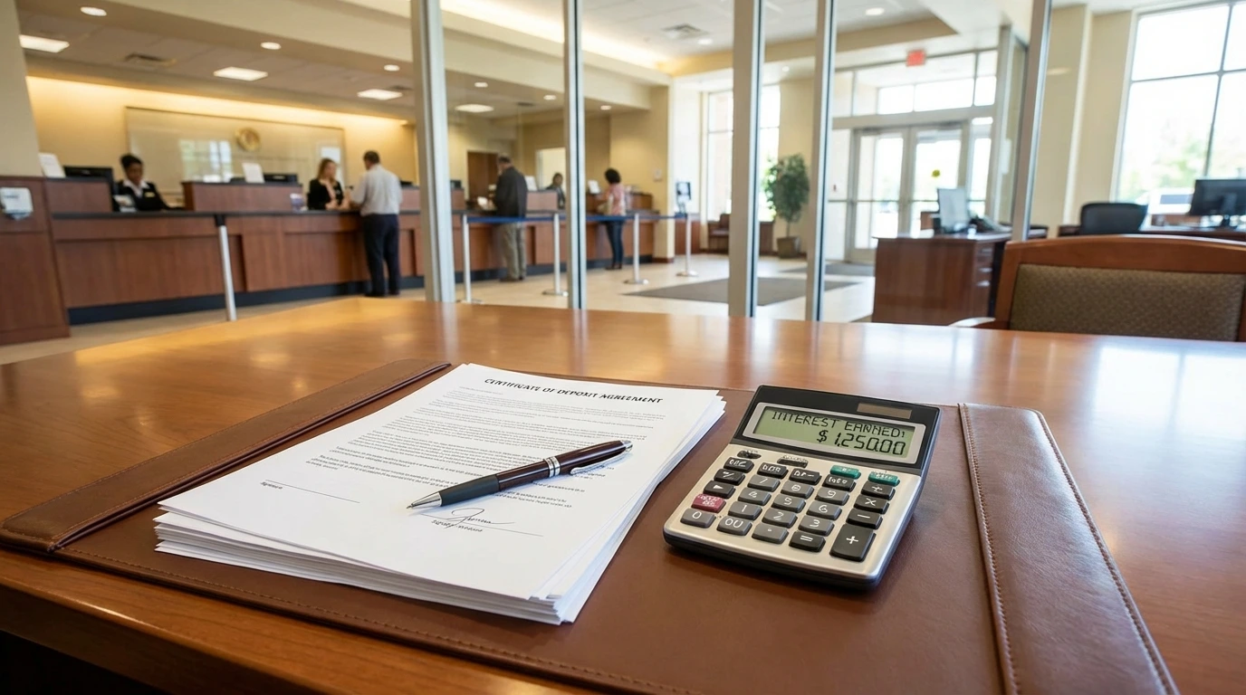Bank desk with CD agreement and calculator
