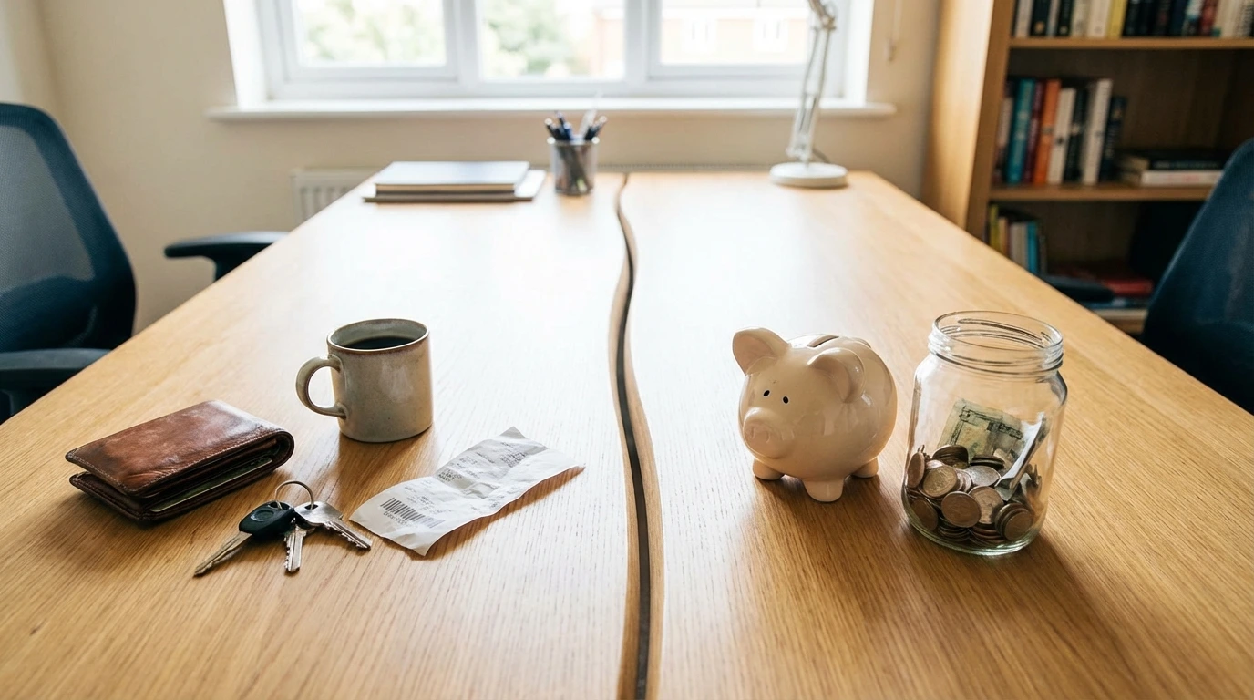 Desk split between checking spending items and savings piggy bank