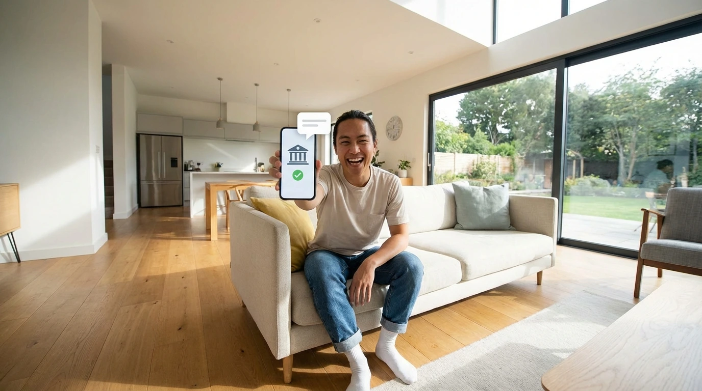 Person smiling at phone showing bank app direct deposit notification