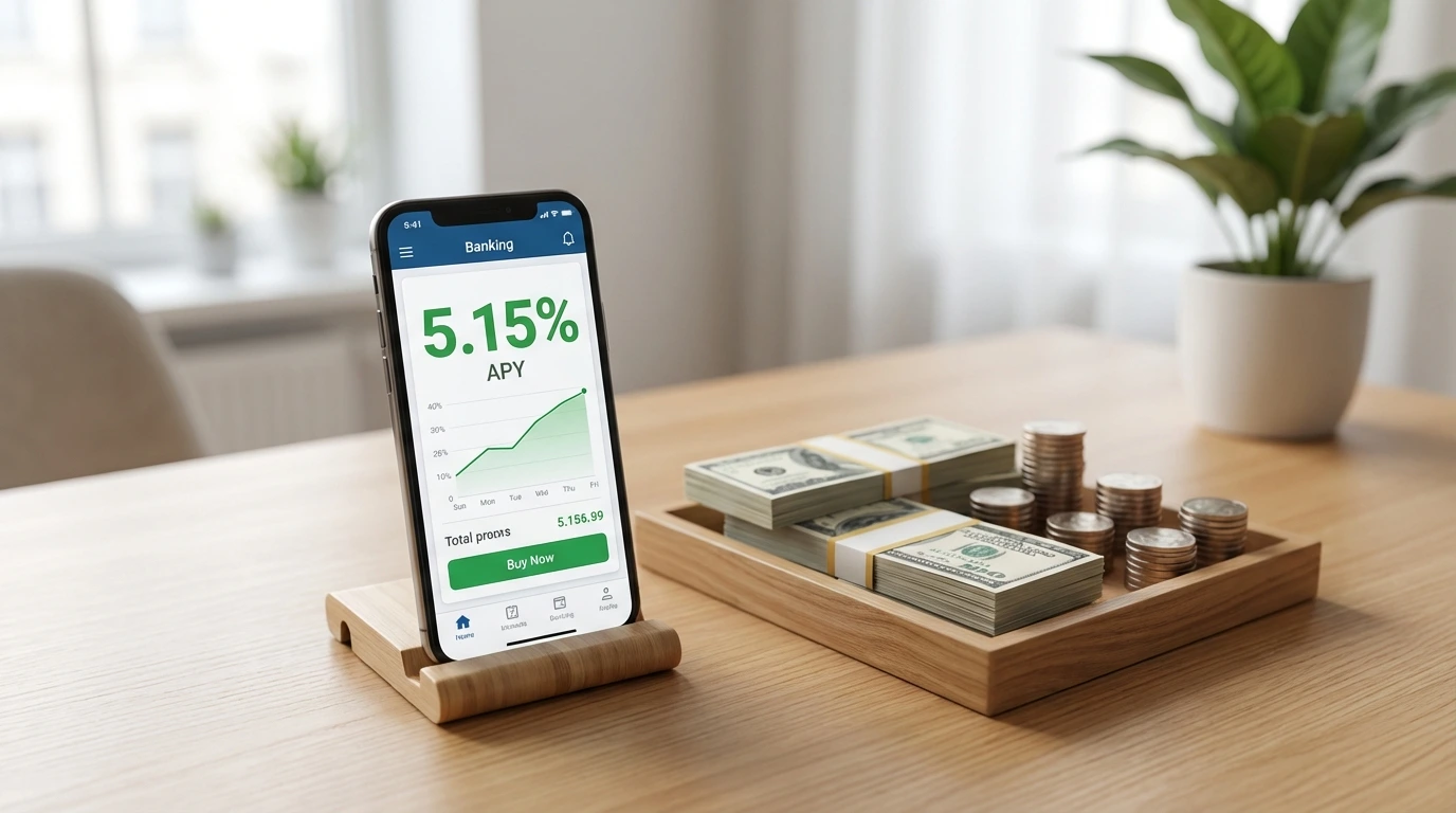 Smartphone showing bank app dashboard with high APY percentage