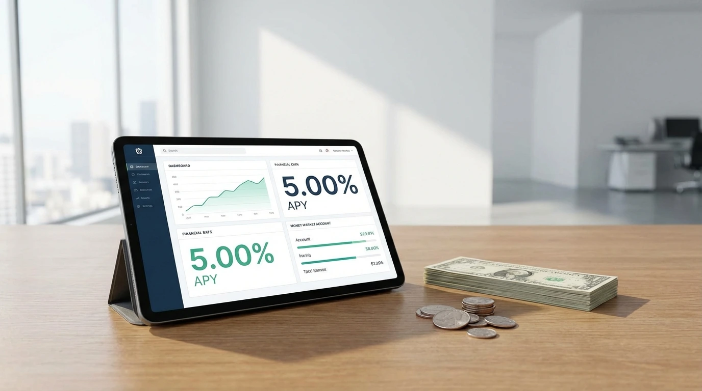 Banking tablet showing money market account dashboard with APY rate