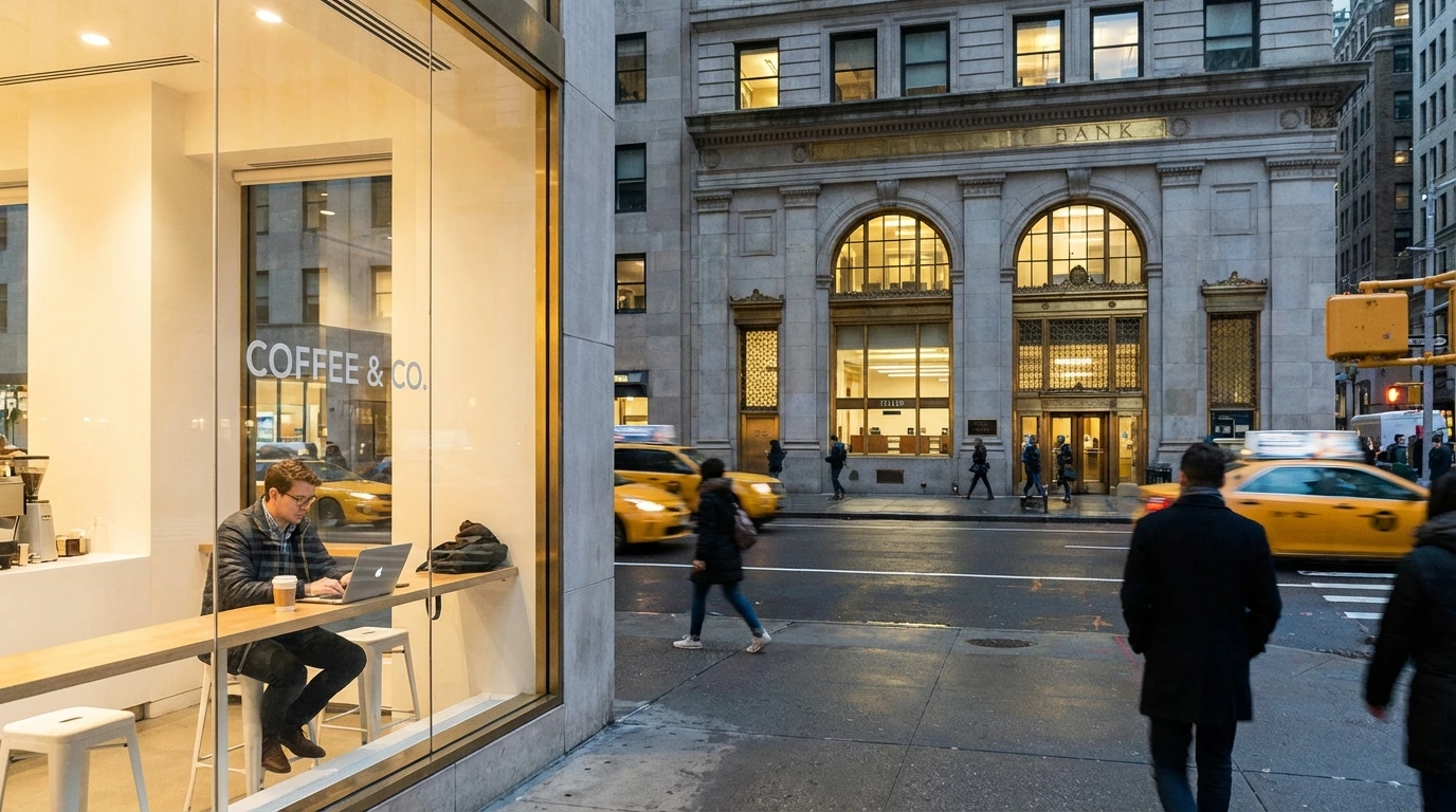Person using laptop banking at coffee shop with classic bank interior visible through window