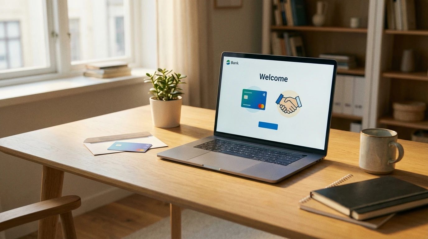 Laptop showing bank account welcome screen with new debit card