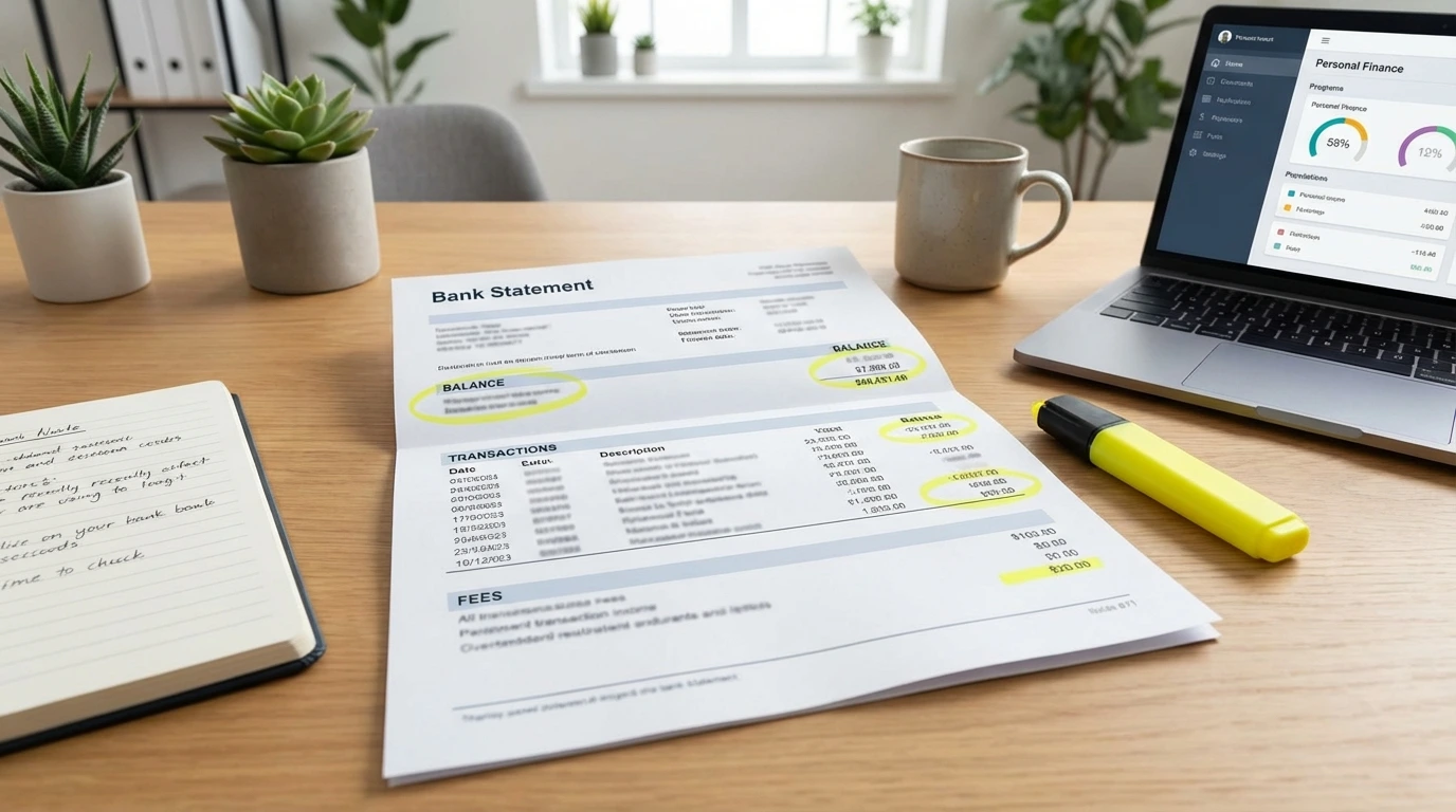 Bank statement on desk with highlighter marking key sections