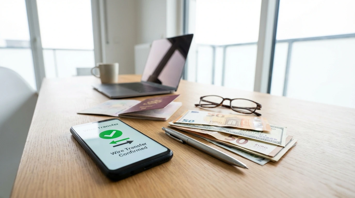 Smartphone showing wire transfer confirmation with passport and currency