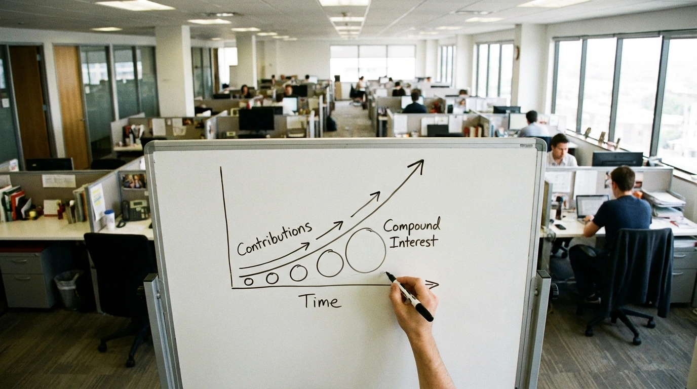 Whiteboard diagram showing 401k contribution growth with compound interest