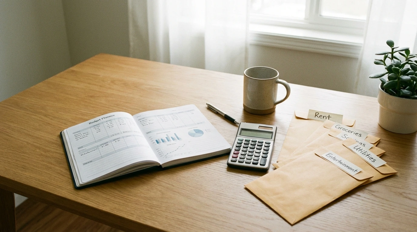 Budget planner notebook with envelopes for spending categories