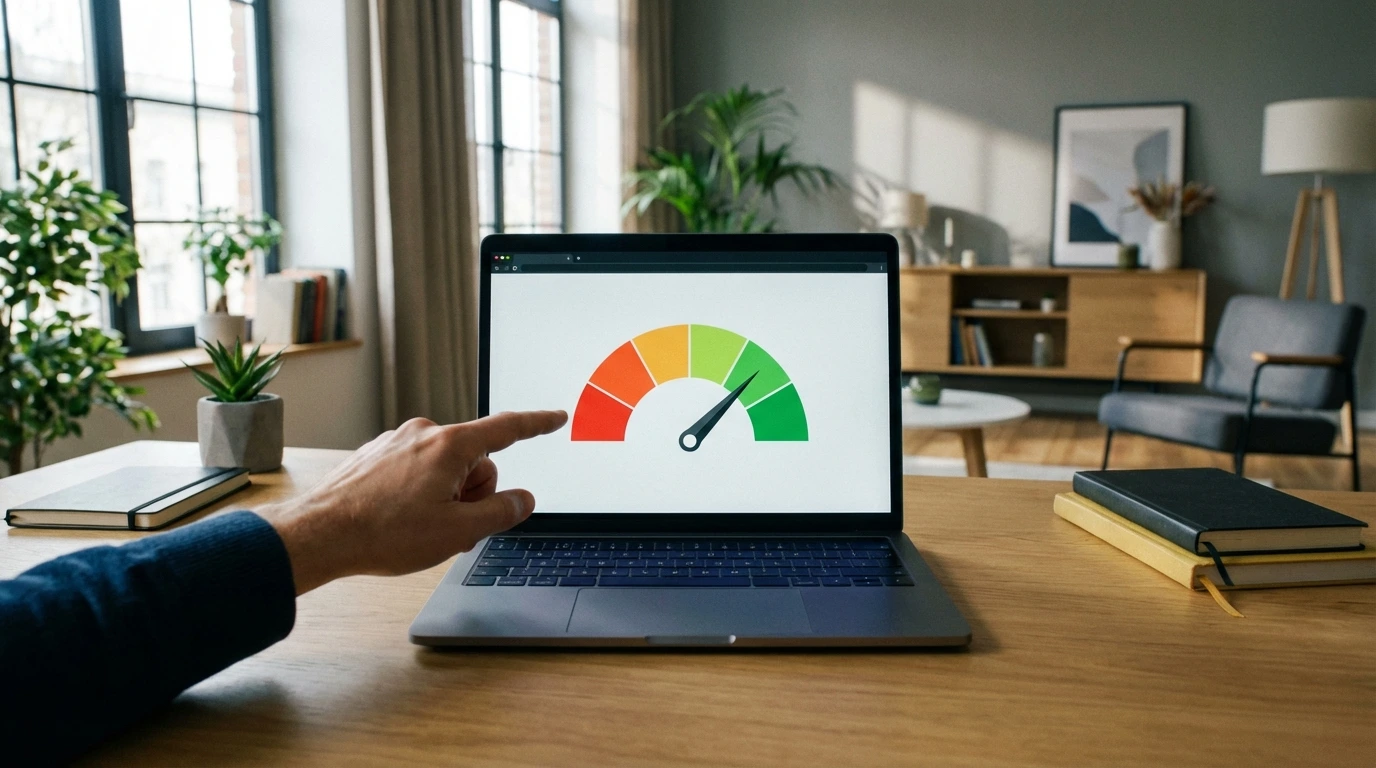 Credit score meter on a laptop screen in a home office