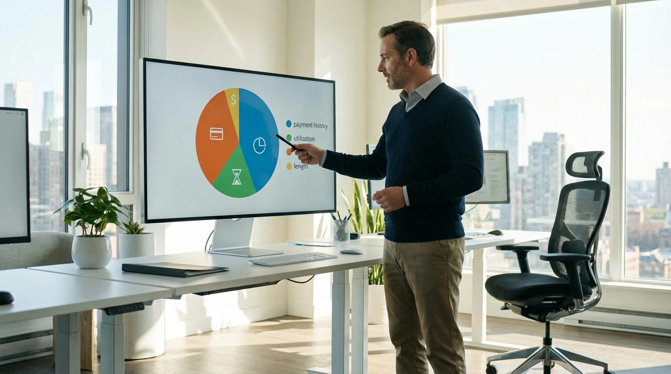 Credit score factors pie chart on computer screen