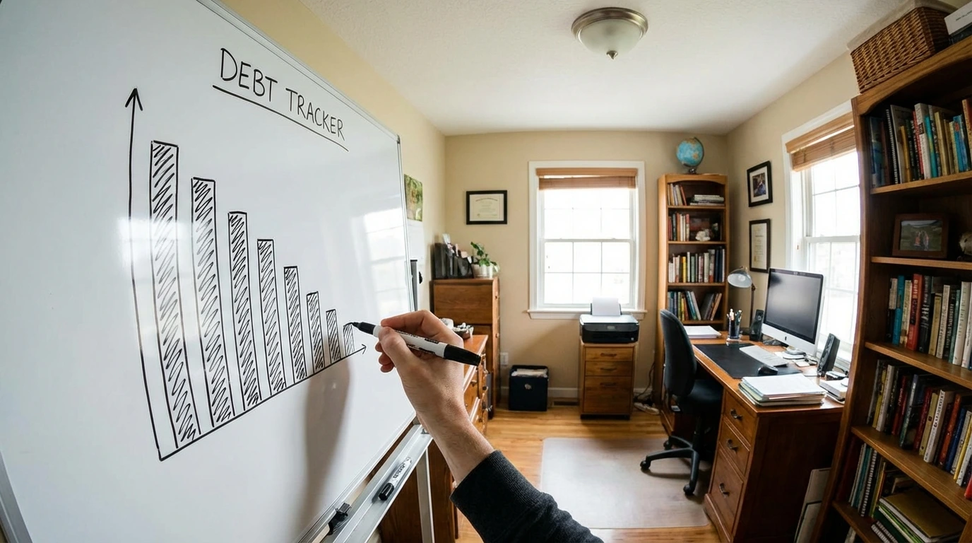 Debt tracker chart on whiteboard showing decreasing debt balances month by month