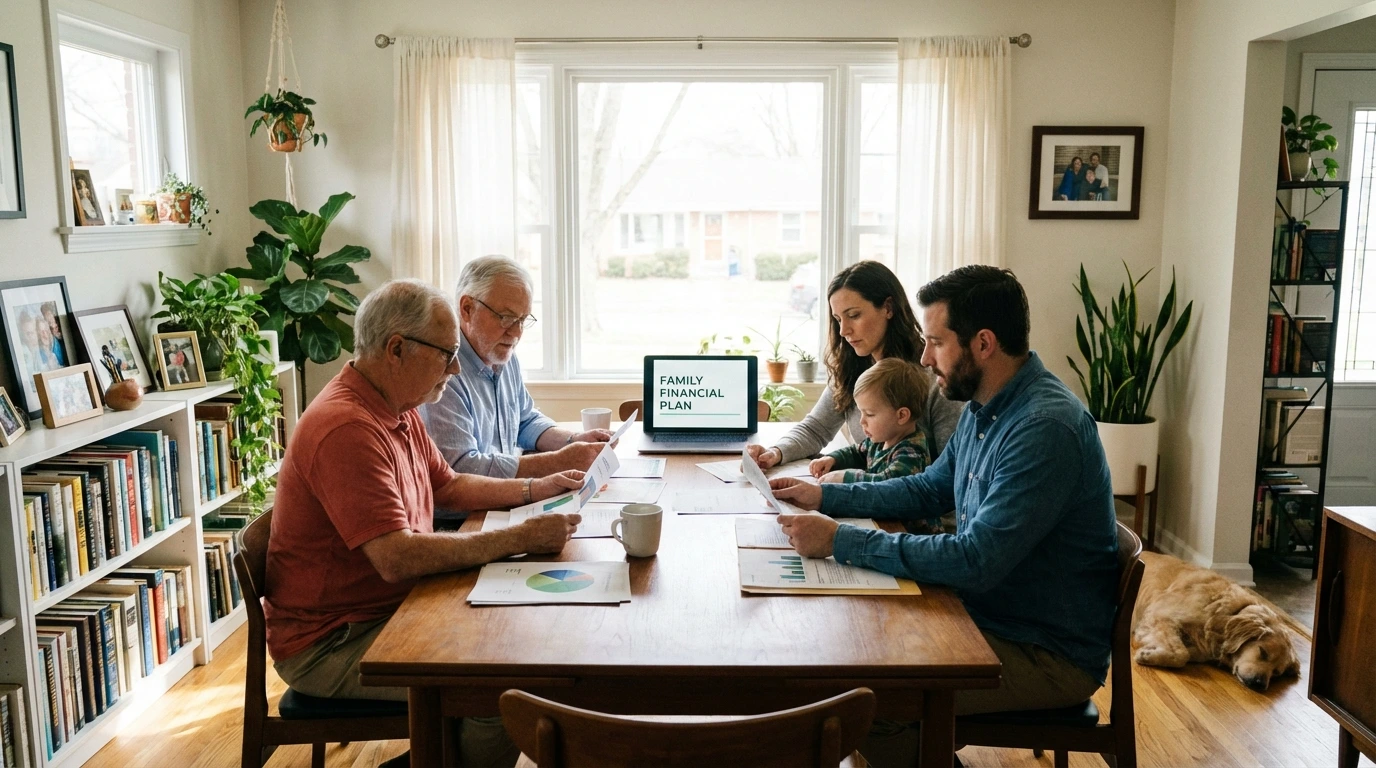 Multigenerational family reviewing financial plan together