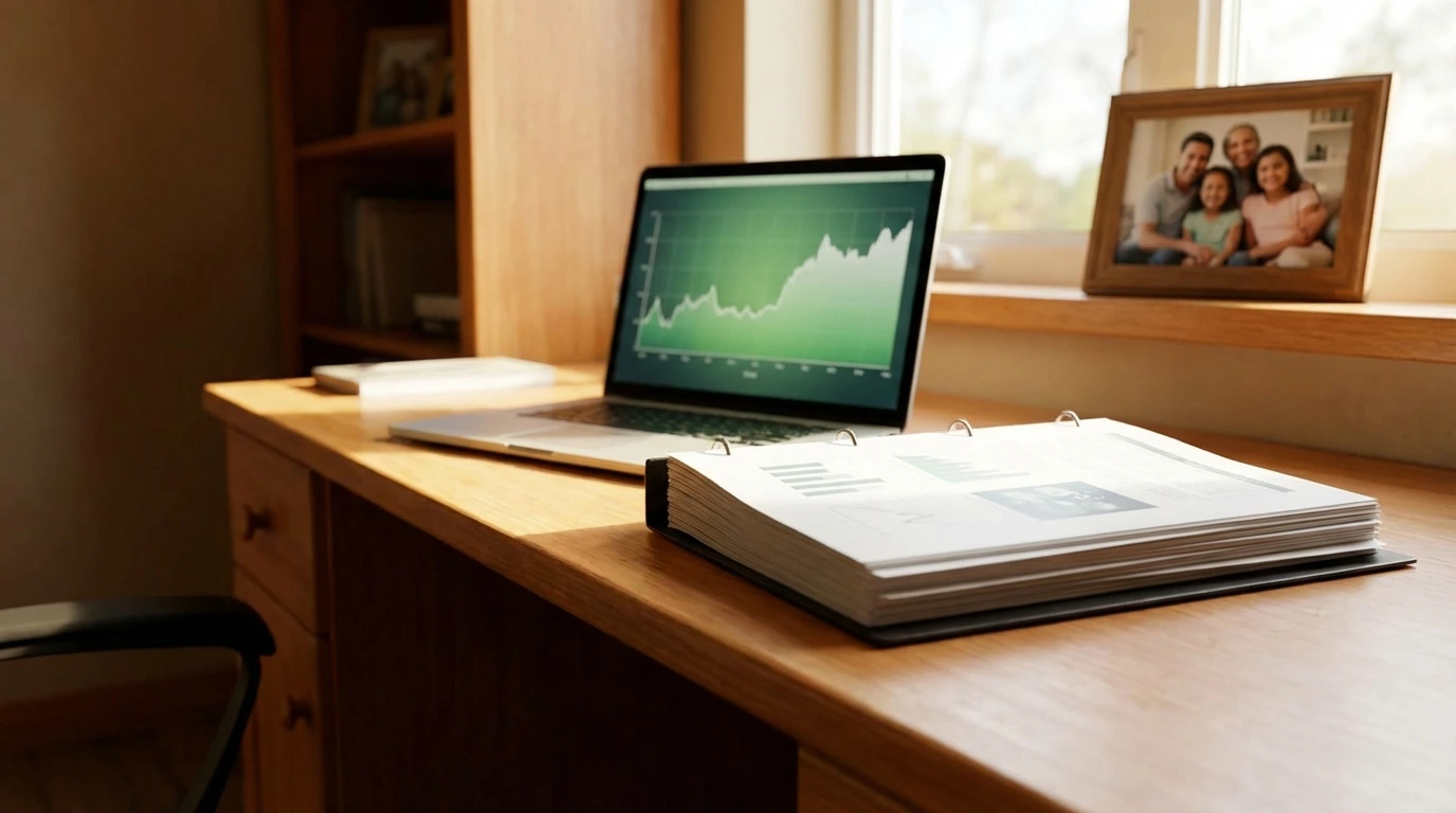 Long-term wealth plan document with investment portfolio on laptop