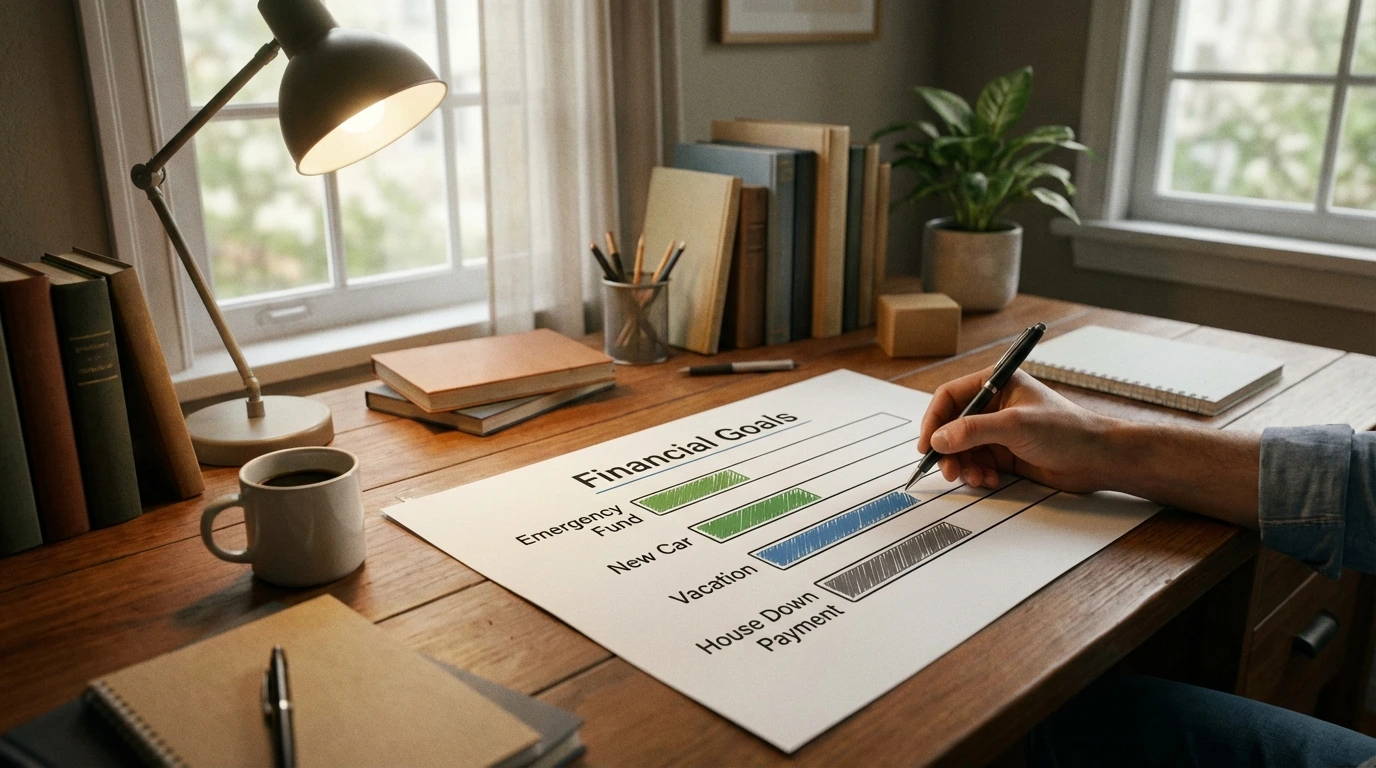 Financial goal tracker on desk with progress bars for savings goals
