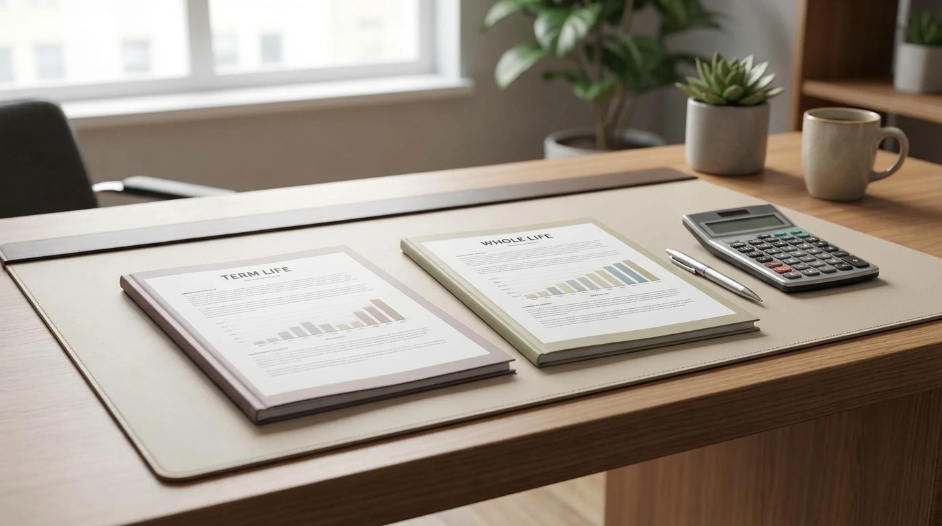 Two insurance policy documents showing term life vs whole life comparison