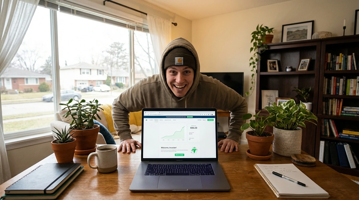 Excited young American opening first brokerage account on laptop