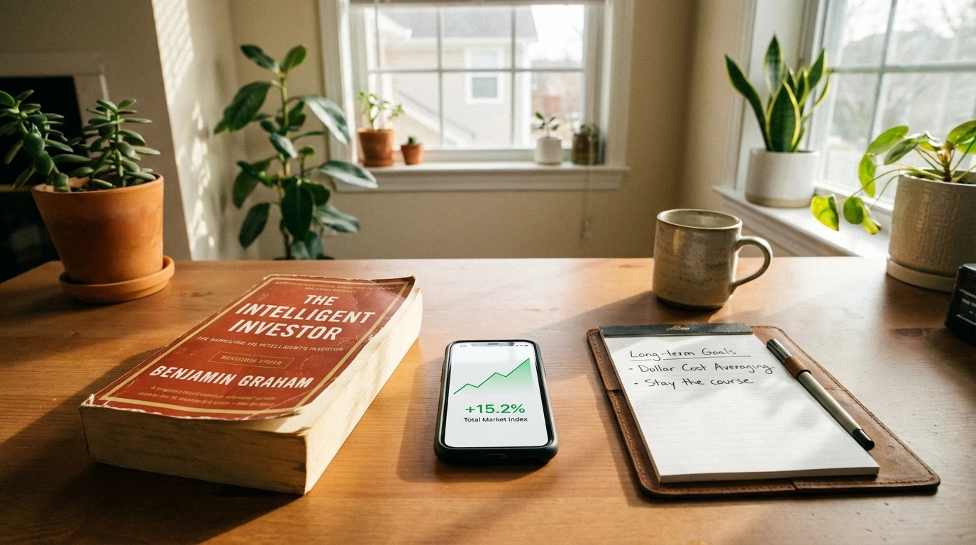 Desk with investing book and smartphone showing index fund portfolio with green gains