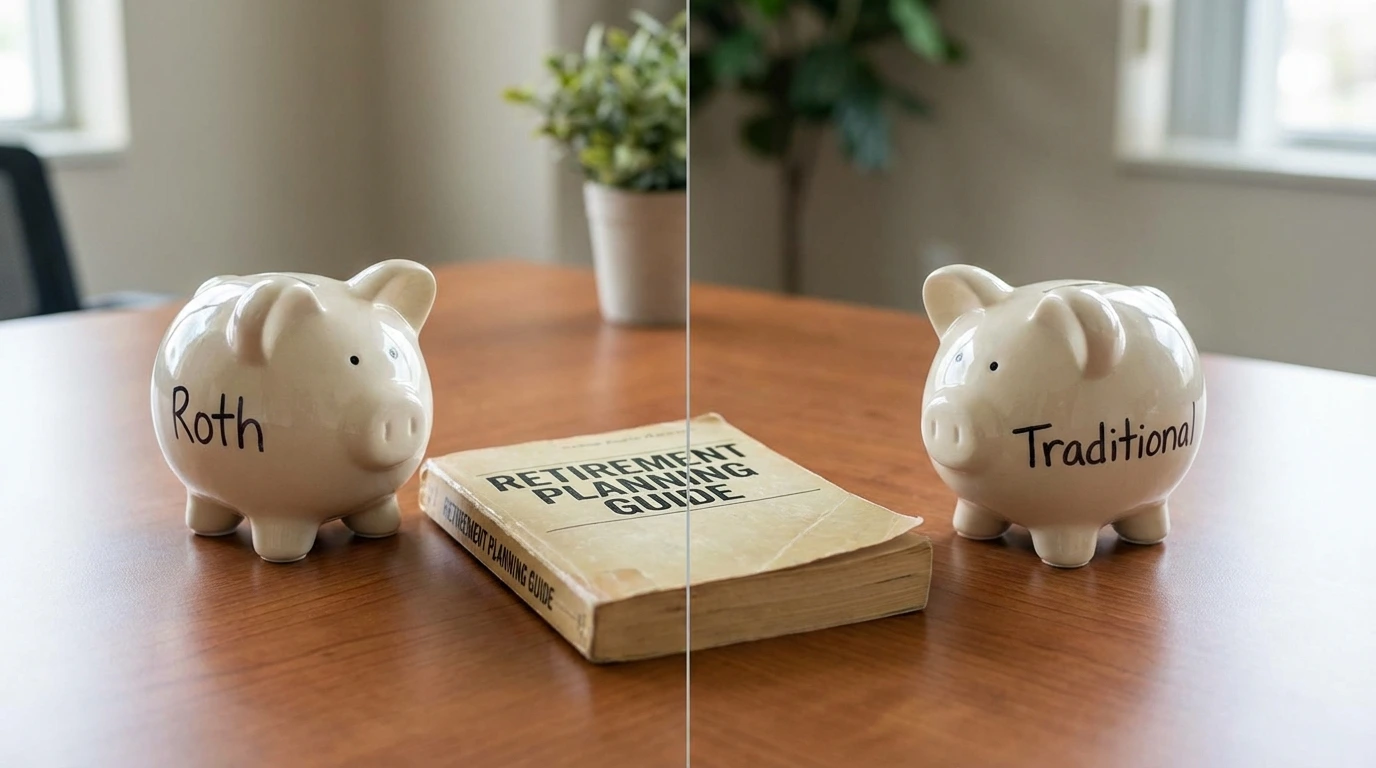 Two piggy banks representing Roth and Traditional IRA on desk
