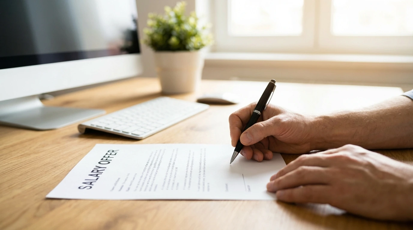 Hands on desk with printed salary offer letter, pen in hand