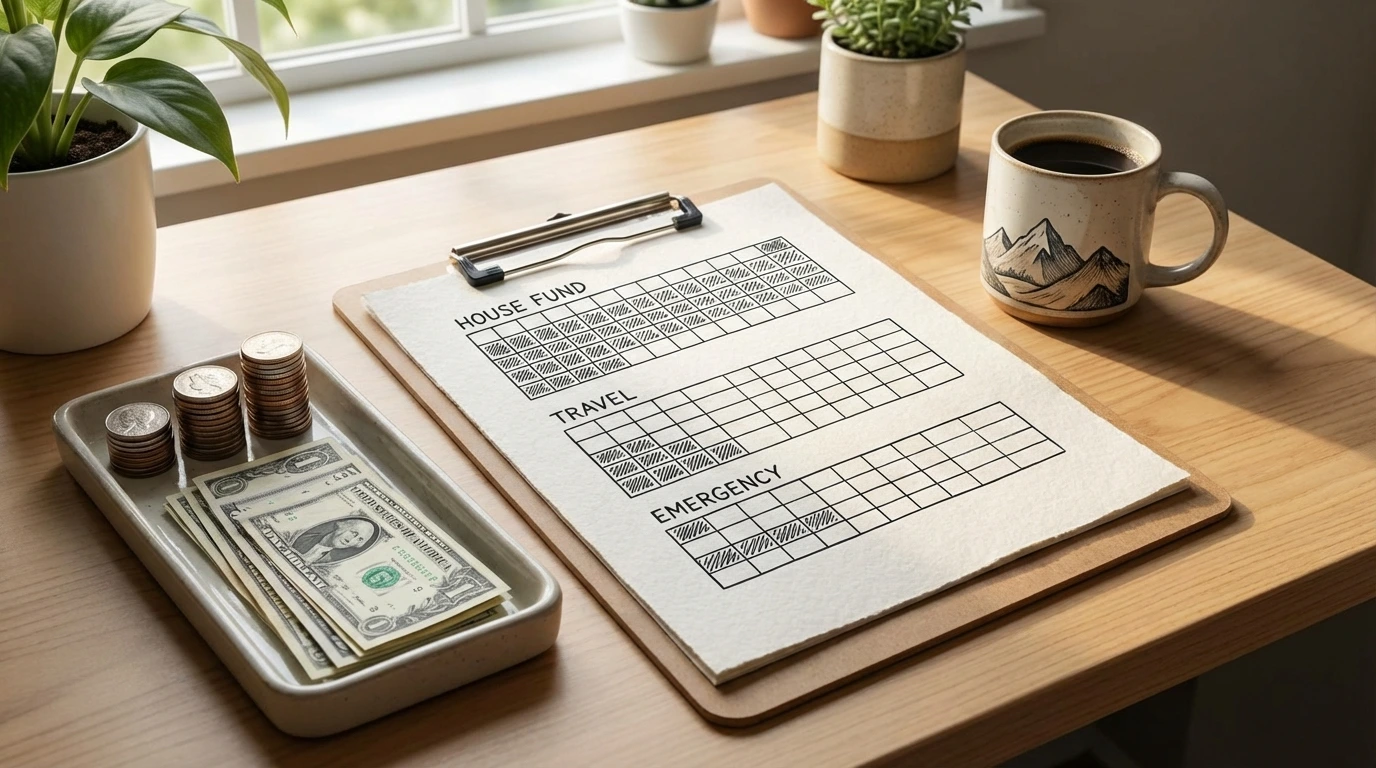 Savings tracker chart on a desk with coins and dollar bills stacked