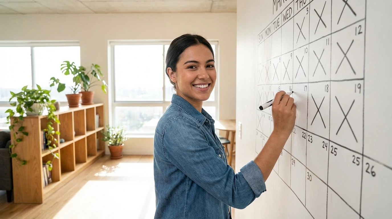 Young woman tracking student loan payoff progress on calendar